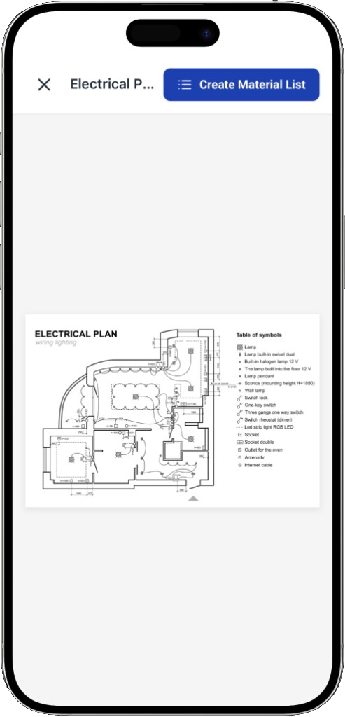 SparkyPal AI Plan Scanner generating an electrical material list